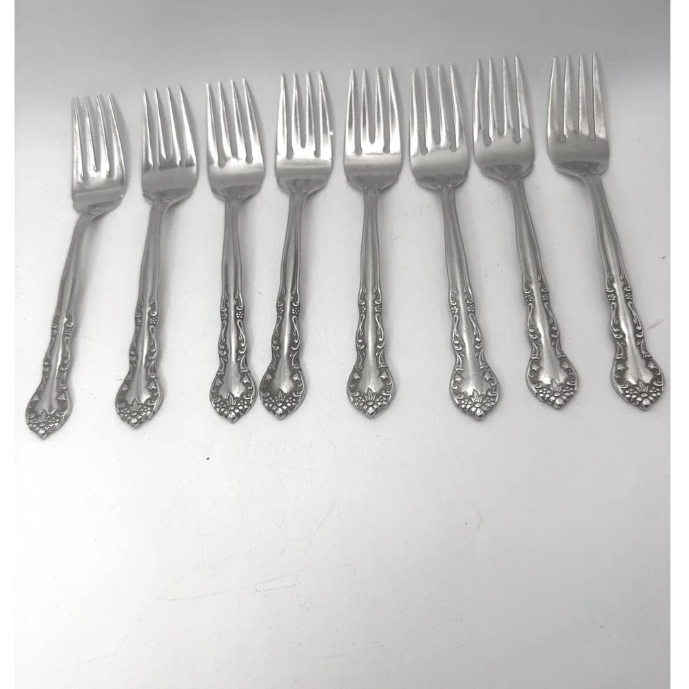 Pfaltzgraff Remembrance‎ Stainless Steel Salad Forks Set of 8 Floral Glossy 6.5